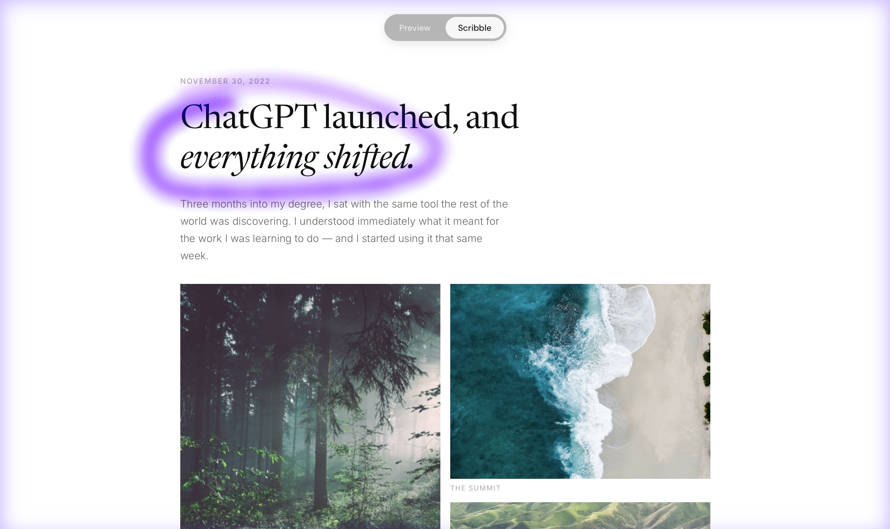Scribble being used to edit Clay Ludwig's personal website, with a purple scribble highlight drawn over a heading